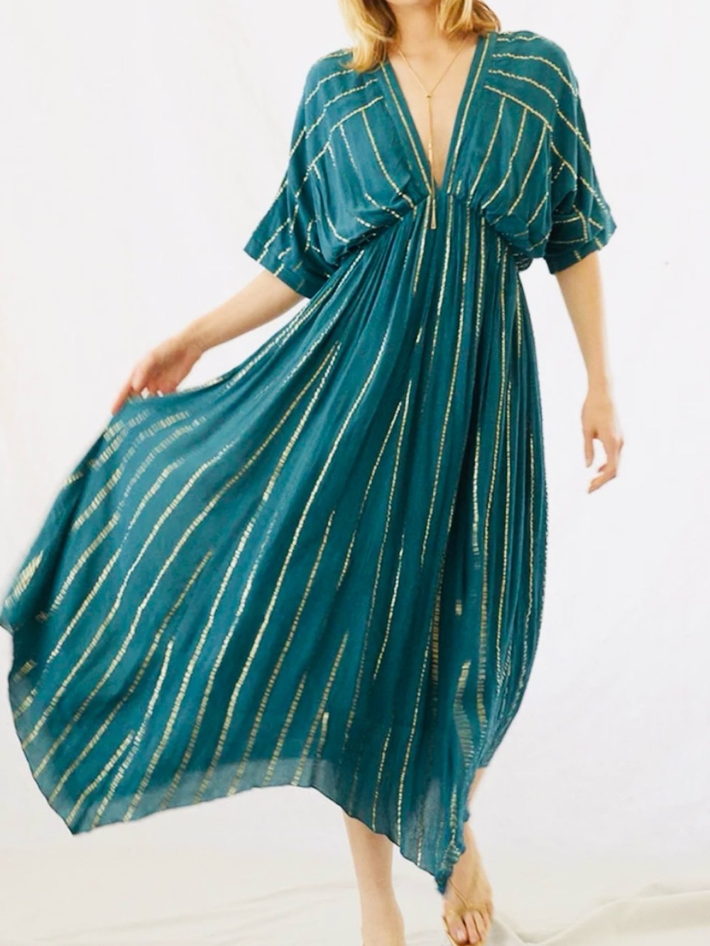 En Crème Cotton V-neck Metallic-Stripe Maxi Dress Teal Size S/L